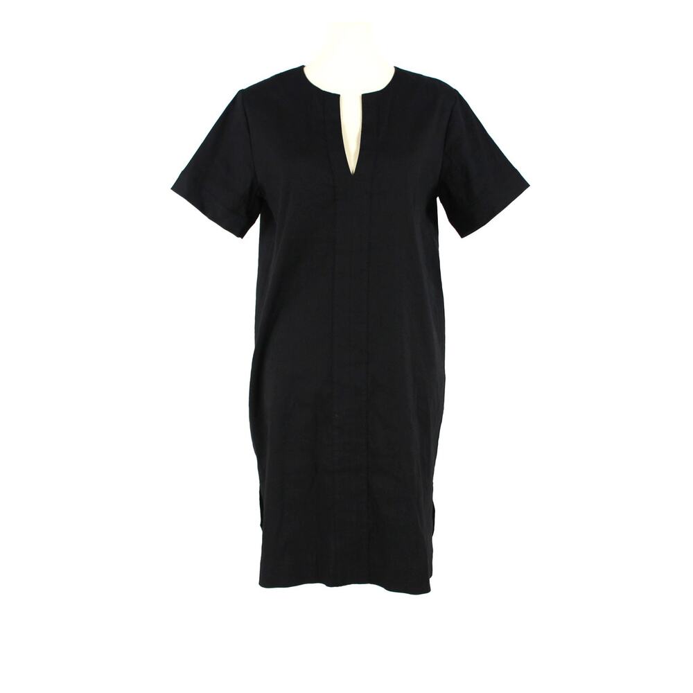 Theory Black Linen Slit Front Short Sleeve Shift Dress Medium V-Neck Mini